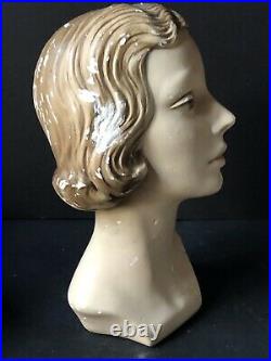 RARE Vintage WOMAN Female Mannequin HEAD Plaster BUST Antique Display Chalk ware