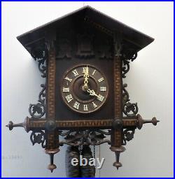 Rare Antique Black Forest Gordian Hettich Musical Bahnhausle Inlay Cuckoo Clock