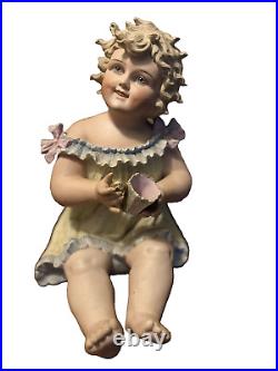 Rare Antique Conta Boehme BISQUE Porcelain PIANO Baby Figurine GIRL with cup