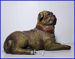 Rare Antique Terracota Composition Recumbent Pug Dog Glass Eyes Sculpture