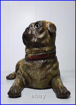 Rare Antique Terracota Composition Recumbent Pug Dog Glass Eyes Sculpture
