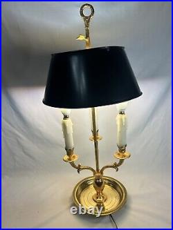 Rare Chapman Antique 3 Swan Brass w Metal Black Tole Shade Bouillotte Table Lamp