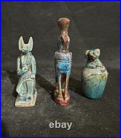 Rare Egyptian Antiques lot of 3 Gods Anubis, Hours & Canopic Jar Antiquities BC