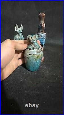 Rare Egyptian Antiques lot of 3 Gods Anubis, Hours & Canopic Jar Antiquities BC