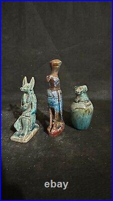 Rare Egyptian Antiques lot of 3 Gods Anubis, Hours & Canopic Jar Antiquities BC