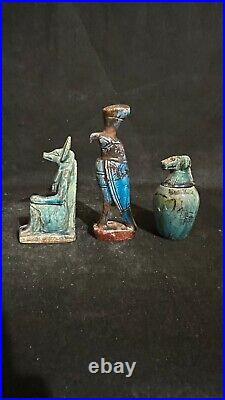 Rare Egyptian Antiques lot of 3 Gods Anubis, Hours & Canopic Jar Antiquities BC