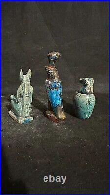 Rare Egyptian Antiques lot of 3 Gods Anubis, Hours & Canopic Jar Antiquities BC