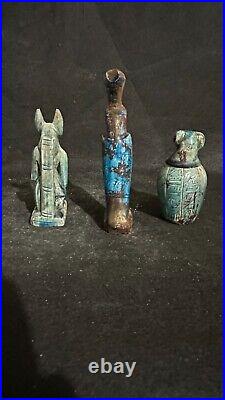 Rare Egyptian Antiques lot of 3 Gods Anubis, Hours & Canopic Jar Antiquities BC