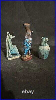 Rare Egyptian Antiques lot of 3 Gods Anubis, Hours & Canopic Jar Antiquities BC