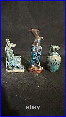 Rare Egyptian Antiques lot of 3 Gods Anubis, Hours & Canopic Jar Antiquities BC