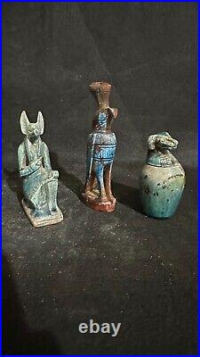 Rare Egyptian Antiques lot of 3 Gods Anubis, Hours & Canopic Jar Antiquities BC