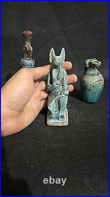 Rare Egyptian Antiques lot of 3 Gods Anubis, Hours & Canopic Jar Antiquities BC