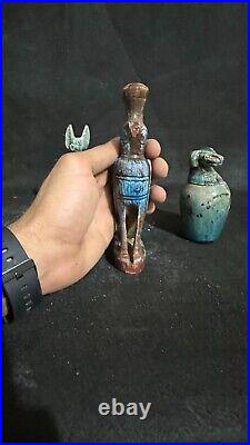 Rare Egyptian Antiques lot of 3 Gods Anubis, Hours & Canopic Jar Antiquities BC