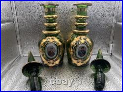 Rare Pair Antique Bohemian Green Glass Persian Qajar Decanters Naser al-Din Shah