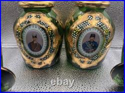Rare Pair Antique Bohemian Green Glass Persian Qajar Decanters Naser al-Din Shah