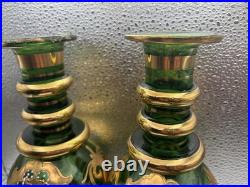 Rare Pair Antique Bohemian Green Glass Persian Qajar Decanters Naser al-Din Shah