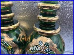 Rare Pair Antique Bohemian Green Glass Persian Qajar Decanters Naser al-Din Shah