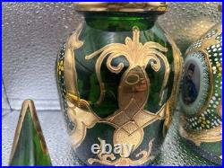 Rare Pair Antique Bohemian Green Glass Persian Qajar Decanters Naser al-Din Shah