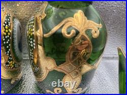 Rare Pair Antique Bohemian Green Glass Persian Qajar Decanters Naser al-Din Shah