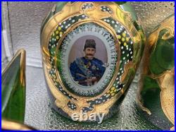 Rare Pair Antique Bohemian Green Glass Persian Qajar Decanters Naser al-Din Shah