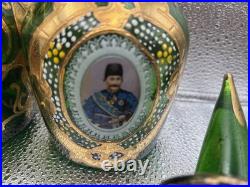 Rare Pair Antique Bohemian Green Glass Persian Qajar Decanters Naser al-Din Shah