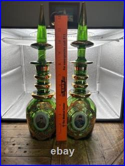Rare Pair Antique Bohemian Green Glass Persian Qajar Decanters Naser al-Din Shah
