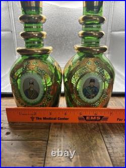 Rare Pair Antique Bohemian Green Glass Persian Qajar Decanters Naser al-Din Shah
