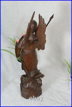Rare antique French 19th wood carved saint michael dragon figurine statue