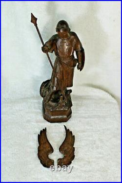 Rare antique French 19th wood carved saint michael dragon figurine statue