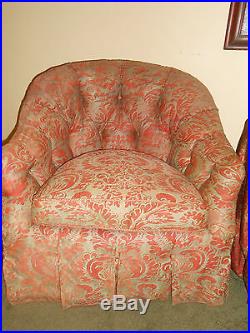 STUNNING Pair Vintage Fortuny Chairs Upholstered Corone Fabric Down Fill Tufted