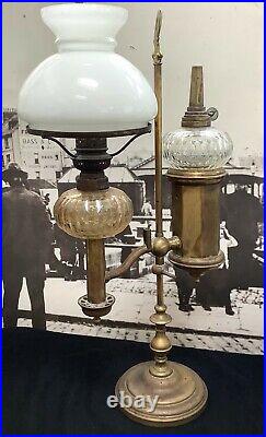 STUNNING RARE VICTORIAN BRASS & CRYSTAL GLASS 2 ARM OIL LAMP (Student Lamp)