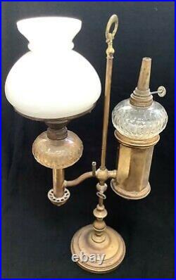 STUNNING RARE VICTORIAN BRASS & CRYSTAL GLASS 2 ARM OIL LAMP (Student Lamp)