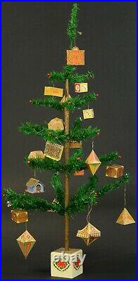 SUPERB ANTIQUE GERMAN CHRISTMAS GOOSE FEATHER TREE DRESDEN-like PAPER ORNAMENTS