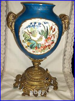 Sevres Porcelain Vase/ Urn Brass Ormulo With Rams Head Handles Hand Painted