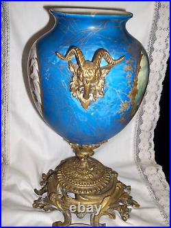 Sevres Porcelain Vase/ Urn Brass Ormulo With Rams Head Handles Hand Painted