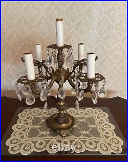 Shabby Antique Vtg Table Chandelier Candelabra Crystal Prism Lamp French Style