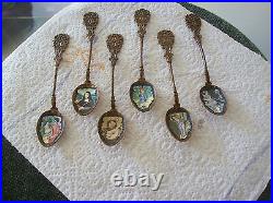 Spoons With Portrait's Set Of 6 Antique Enameled Handpainted Czechoslovakia