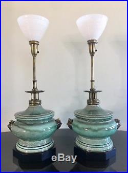 Stiffel by Edwin Cole Chinoiserie Ceramic & Brass Dragon Table Lamps Pair