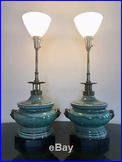 Stiffel by Edwin Cole Chinoiserie Ceramic & Brass Dragon Table Lamps Pair