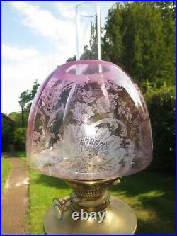 Superb Antique Victorian Cranberry Acid Etched Duplex Beehive Oil Lamp Shade