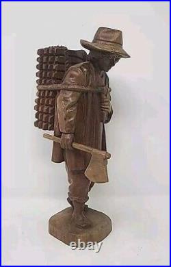 VINTAGE HAND CARVED Wood TRAVELING MAN With Axe FIGURINE Collectible Very Rare