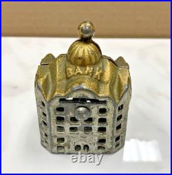Victorian Antique Early 1900's Small Coin Bank Cast Iron State Bank Building