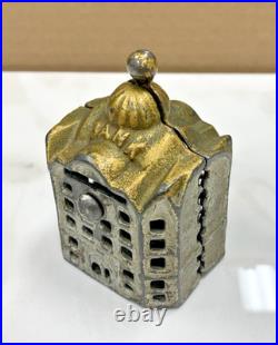 Victorian Antique Early 1900's Small Coin Bank Cast Iron State Bank Building