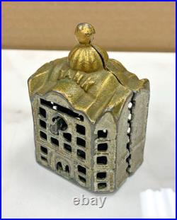 Victorian Antique Early 1900's Small Coin Bank Cast Iron State Bank Building