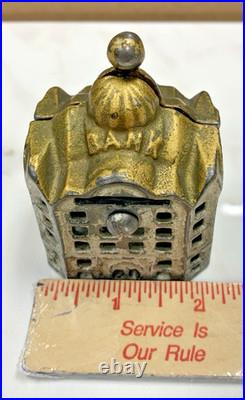 Victorian Antique Early 1900's Small Coin Bank Cast Iron State Bank Building