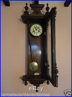 Victorian Circa Antique Vienna Wall Clock With Ornate Carved Finial Pediment Top