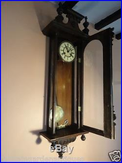 Victorian Circa Antique Vienna Wall Clock With Ornate Carved Finial Pediment Top