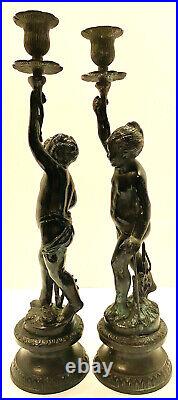 Victorian Era French High Classical Solid Bronze 17 Figural Cherub Candlesticks