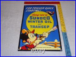 Vintage 1939 Sunoco Mickey Mouse Hunting 16 Porcelain Metal Gasoline & Oil Sign