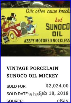 Vintage 1939 Sunoco Mickey Mouse Hunting 16 Porcelain Metal Gasoline & Oil Sign